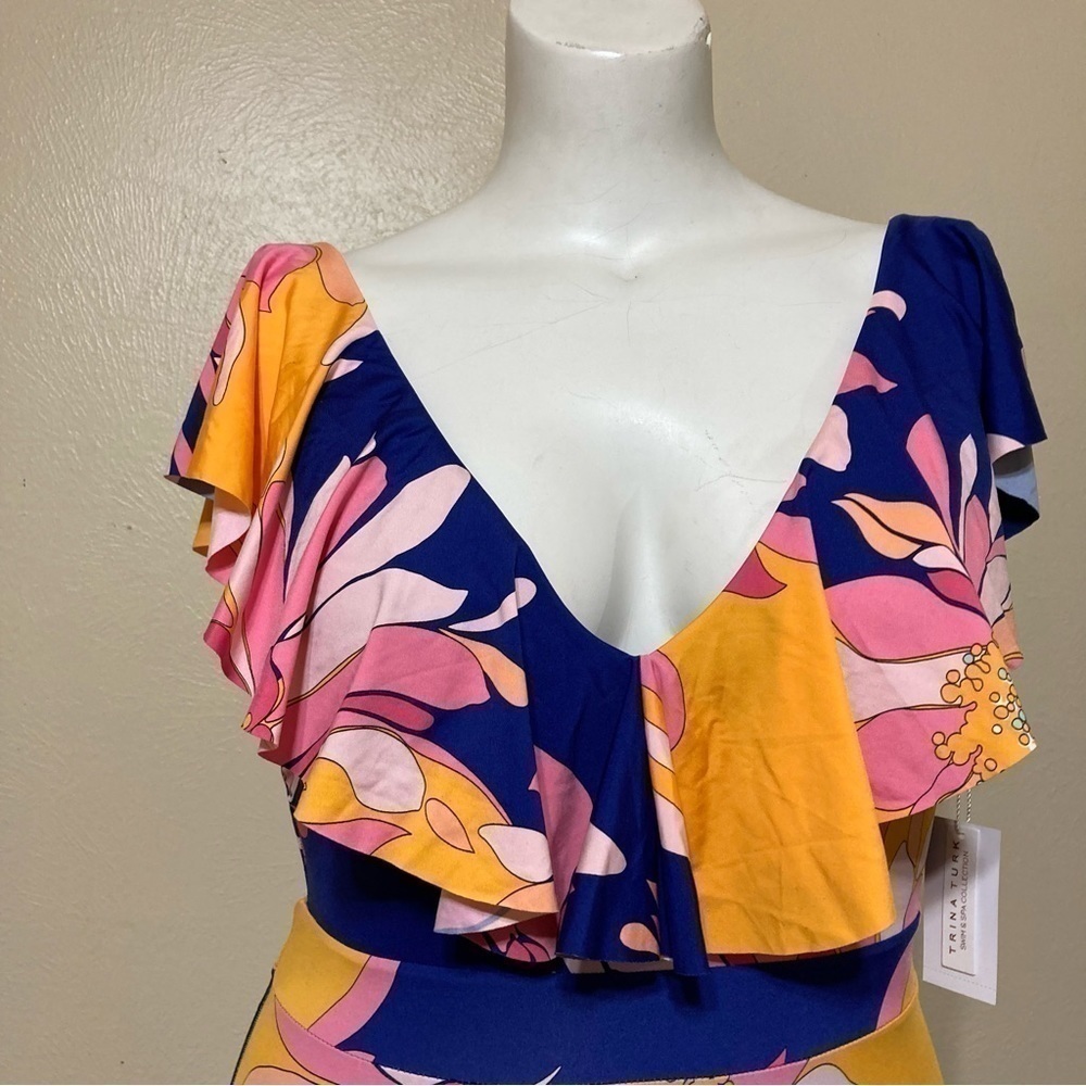 TRINA TURK ruffle shoulder floral one piece swimsuit “breeze ruffle” 14 nwt - Picture 10 of 12
